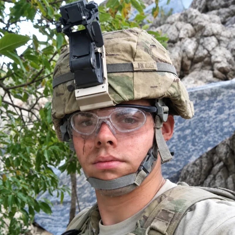 Jacob Ross in combat uniform and helmet during deployment in Afghanistan.